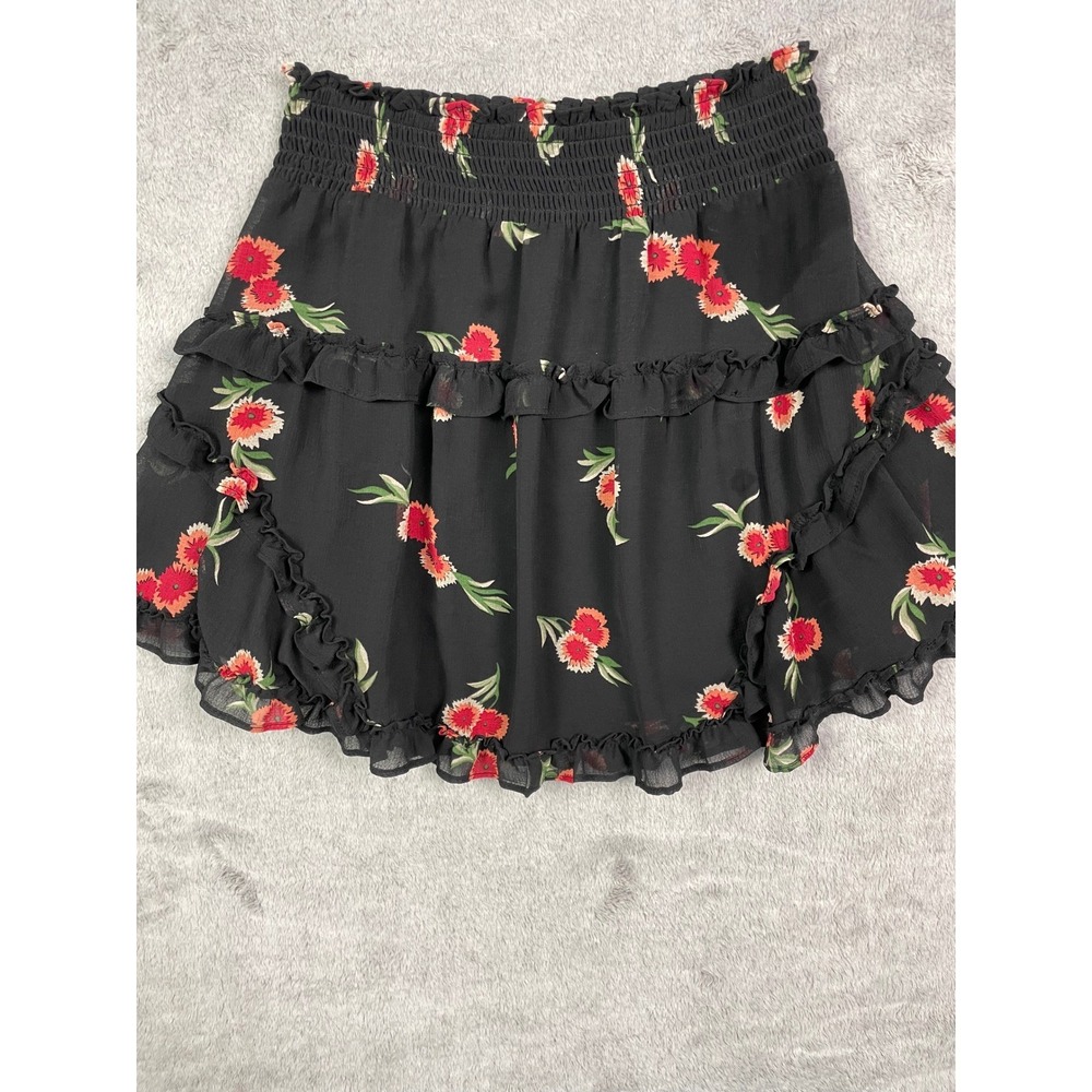 Urban Outfitters Floral Tiered Ruffle Mini Skirt Smocked Black Orange XS Cottage
